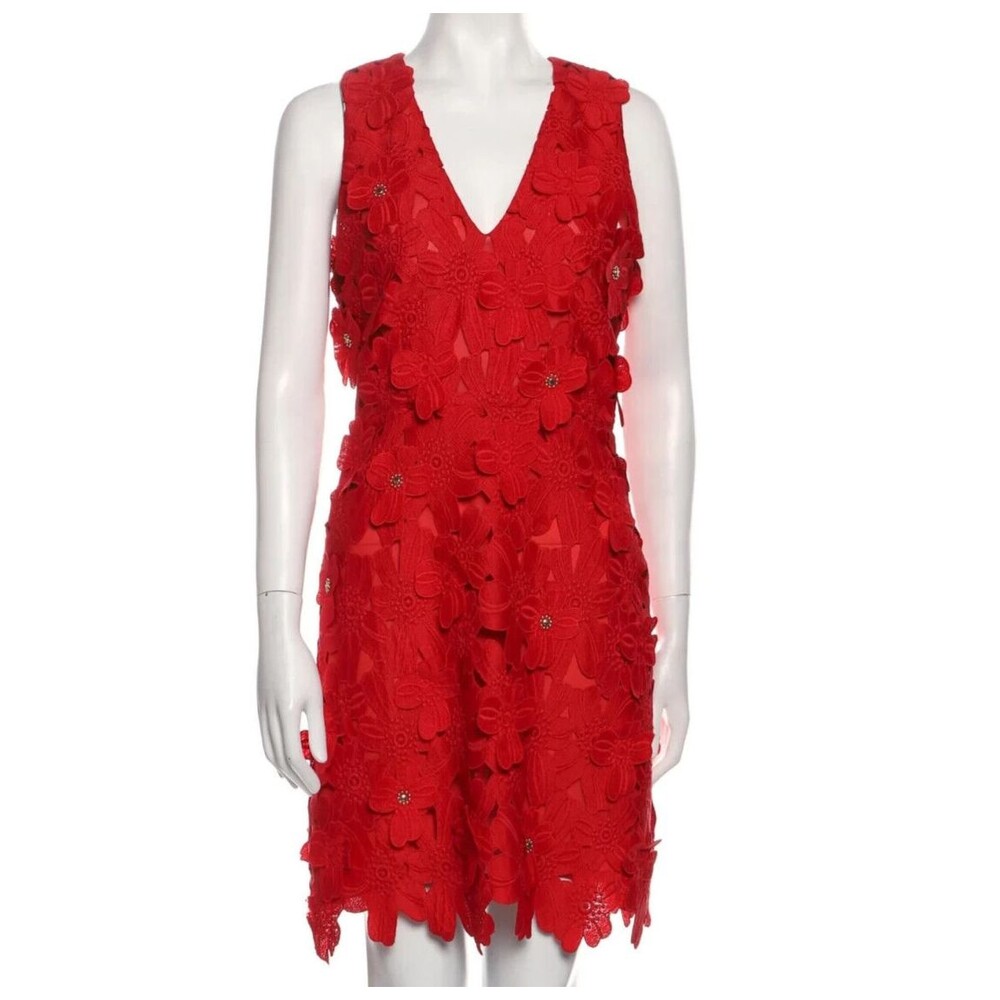 Women's Dresses' Designer Michael Kors Red Lace Pattern V Neck Shift Dress XS - Picture 10 of 11